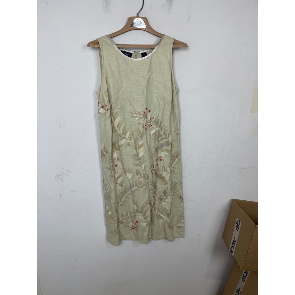 Liz Claiborne Lizsport Women Linen Blend Tropical Floral Shift Dress Tan Size 10